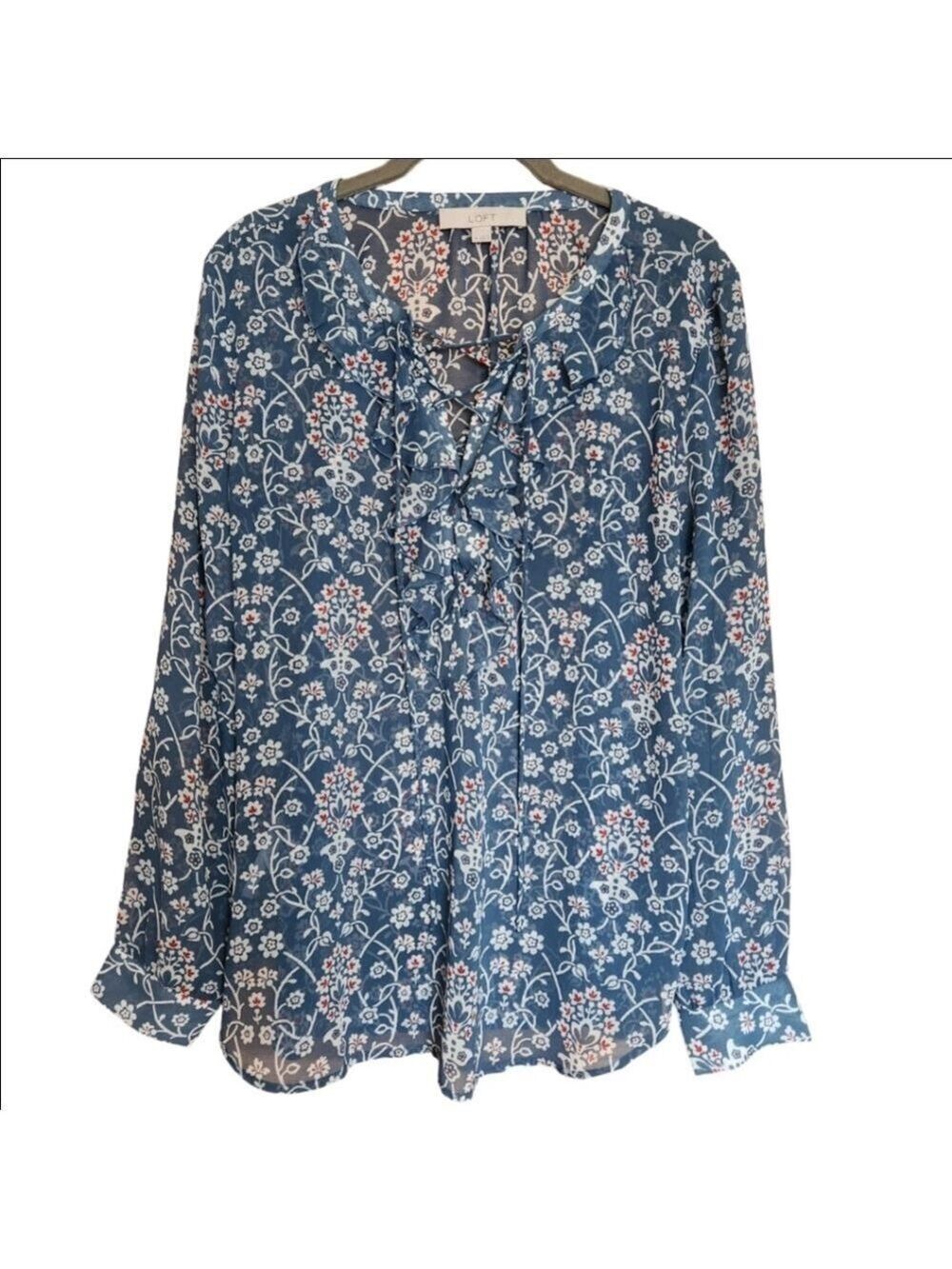 LOFT JASMINE LACE-UP FLORAL RUFFLE BLOUSE TOP WOMENS SIZE M NWOT